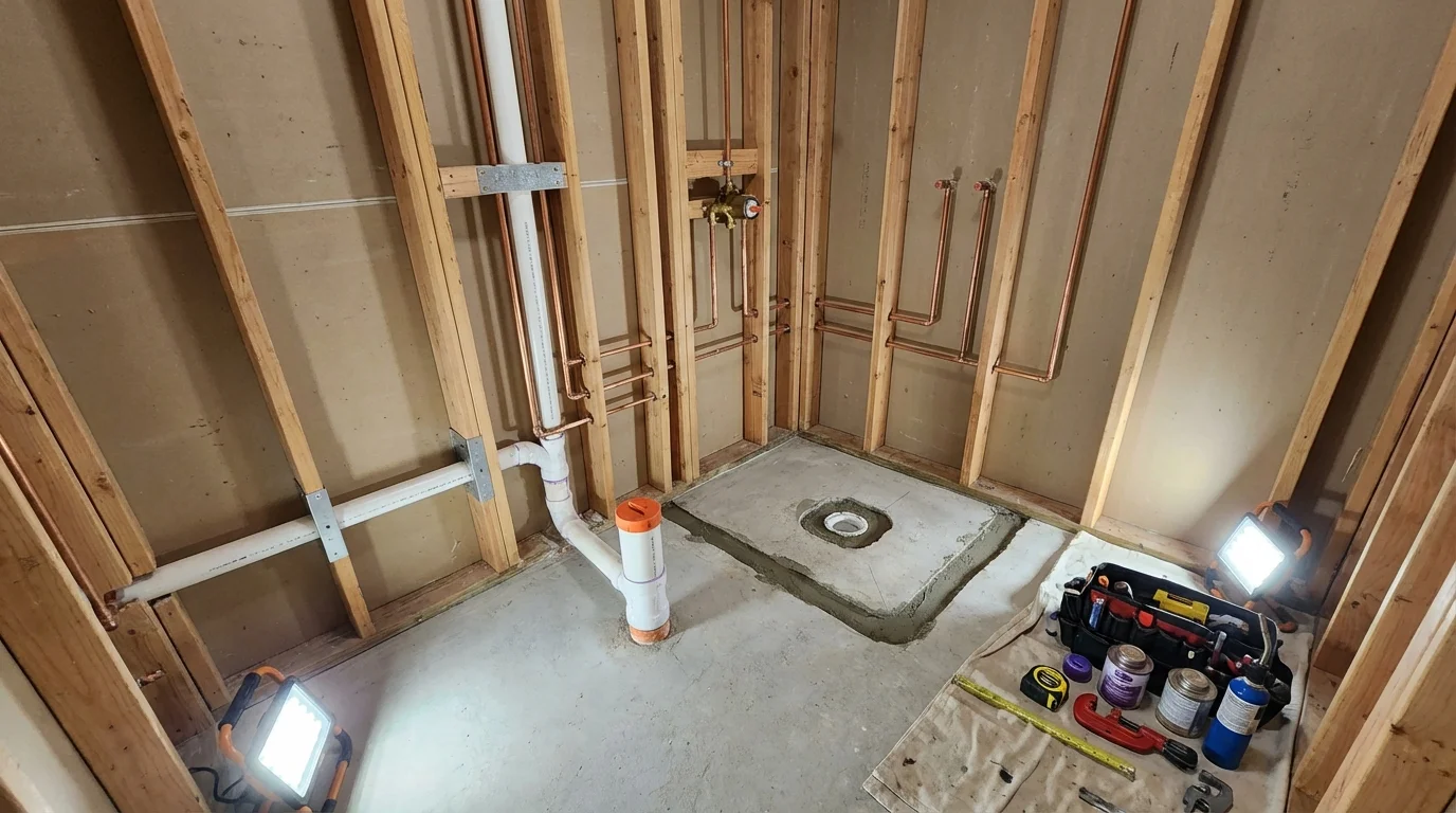 Bathroom rough-in plumbing during remodel by Johns Plumbing LLC in Carter Lake