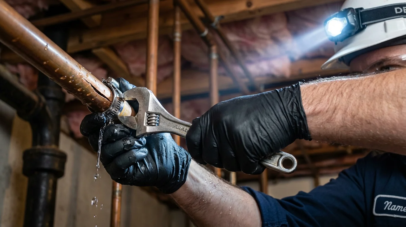 Emergency pipe clamp repair being performed by a Johns Plumbing LLC plumber in Carter Lake