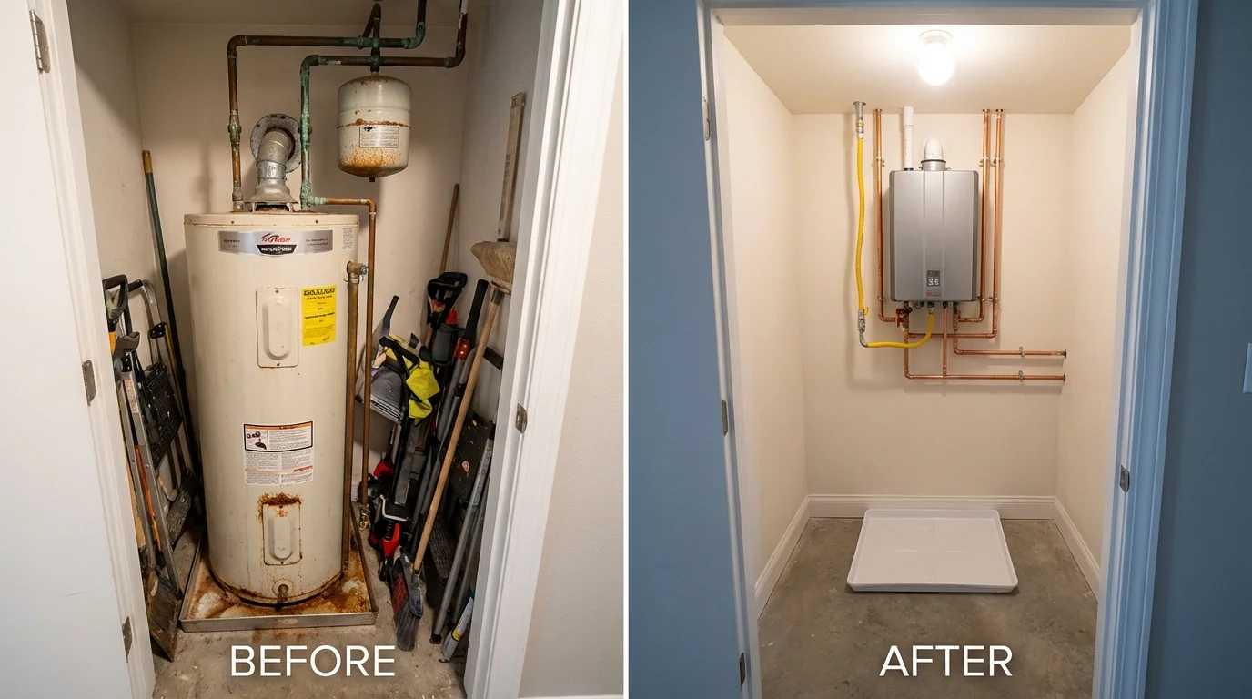 Tank water heater versus wall-mounted tankless unit comparison for Carter Lake, IA homeowners