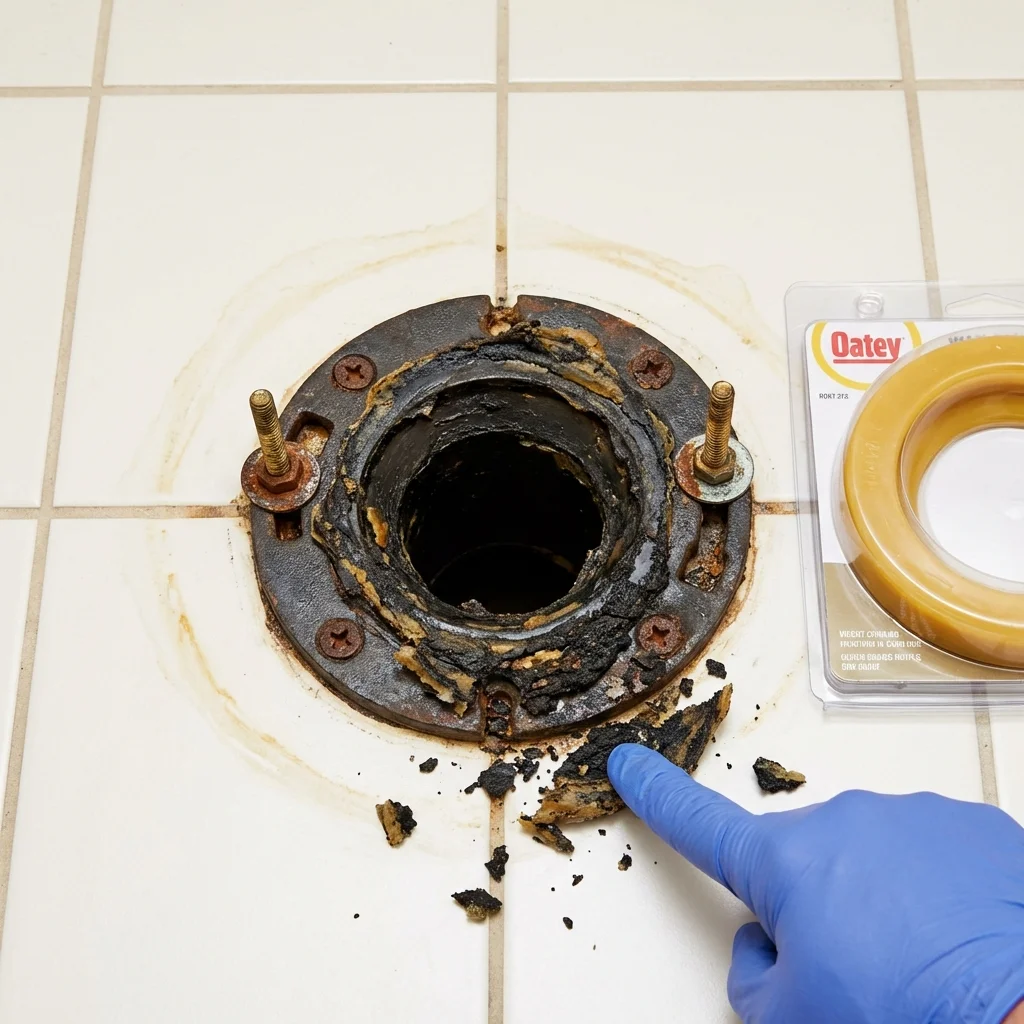 Failed wax ring showing water seepage at the base of a toilet in a Carter Lake, IA home