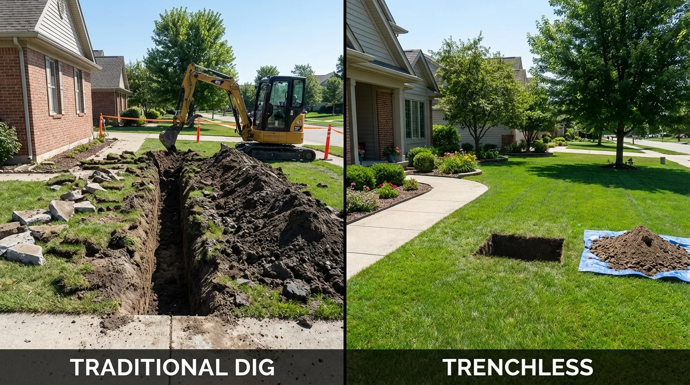 Trenchless sewer repair with minimal yard damage versus traditional excavation in Carter Lake, IA