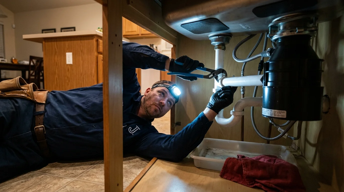 P-trap and supply line connections under a kitchen sink showing a common leak point in Carter Lake, IA